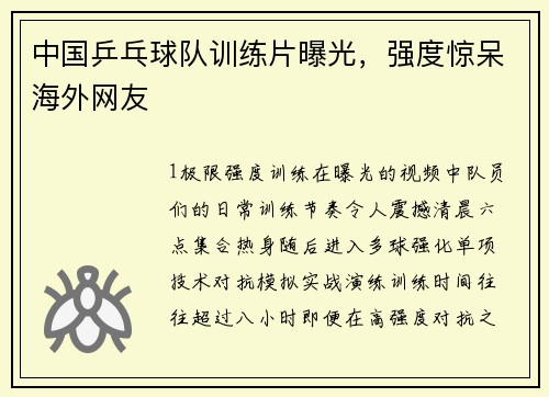 中国乒乓球队训练片曝光，强度惊呆海外网友